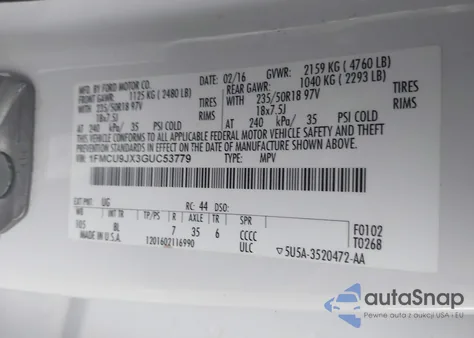 2016 Ford Escape Titanium z USA, uszkodzony, nr VIN 1FMCU9JX3GUC53779